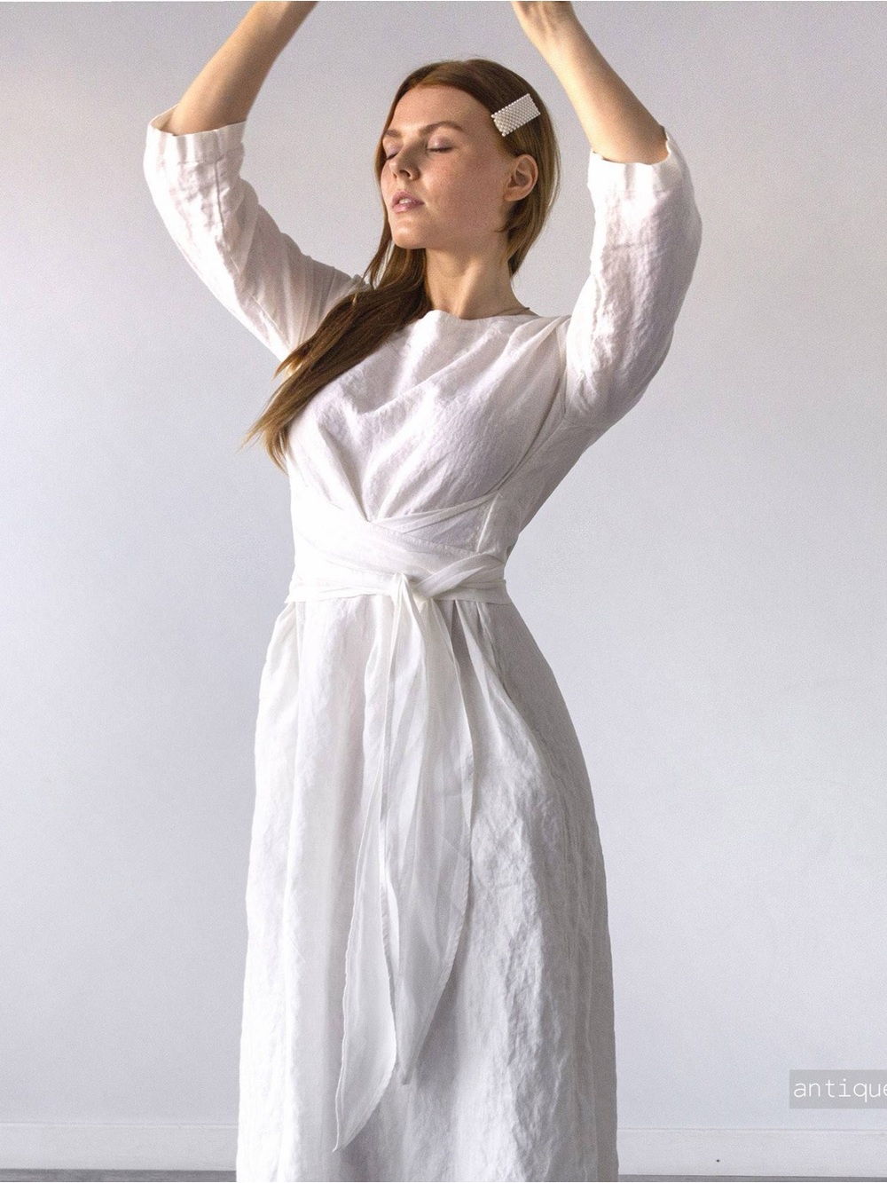 Len Ok Linen Dress in Antique White - Size Small